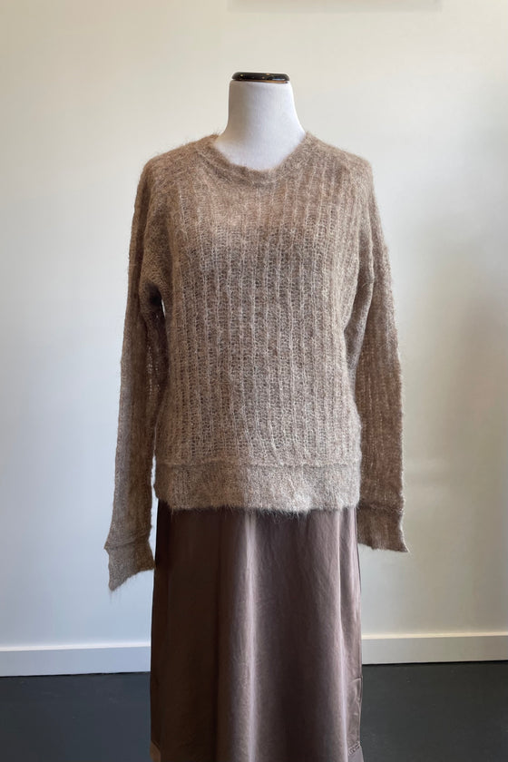 Brazeau Tricot Charlottes web crewneck sweater in cork found at Patricia in Southern Pines, NC