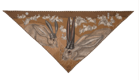 Sabina Savage "The Floating Rabbits" Silk Triangle Scarf Cinnamon/Sienna found at Patricia in Southern Pines, NC