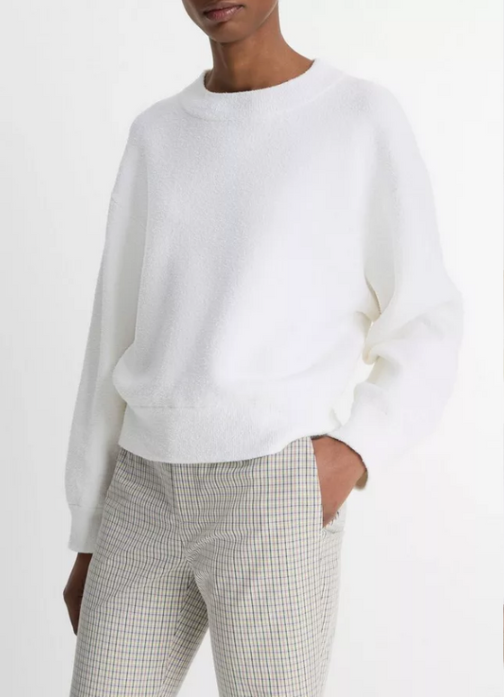 Structured Cotton Boucle Crew Neck Sweater Optic White