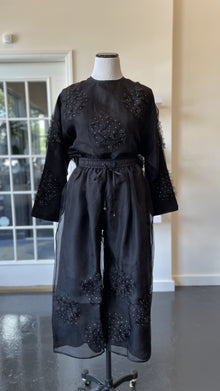  Black Silk Wide Leg Pants with Fabric Petal Design