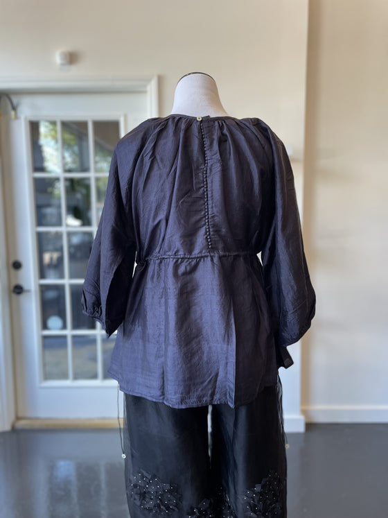 Navy Silk Blouse with Adjustable Sides