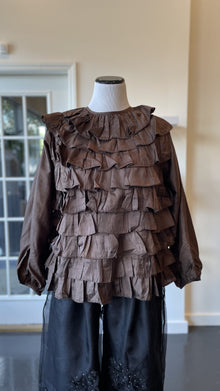  Chocolate Brown Silk Ruffle Blouse