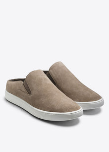  Vince Verrell Backless sneaker in smooth Italian woodsmoke leather with elastic side gores.