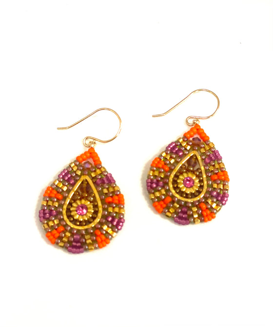 Miguel Ases earrings with Pink Swarovski Crystals and Gold Miyuki beads