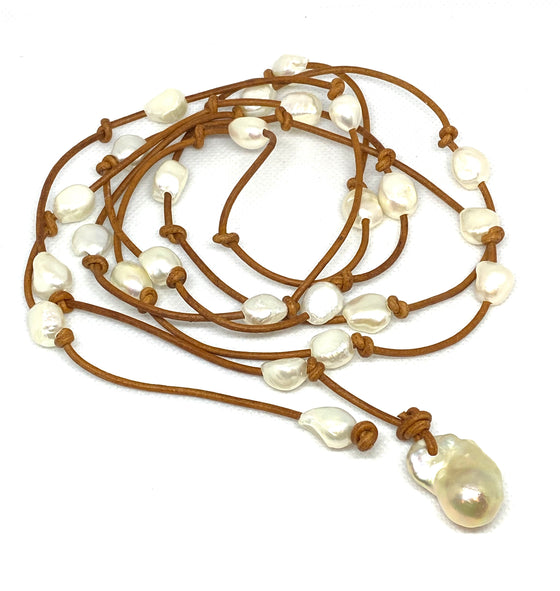 Long White Freshwater Pearl Lariat with Flameball Pearl Drop