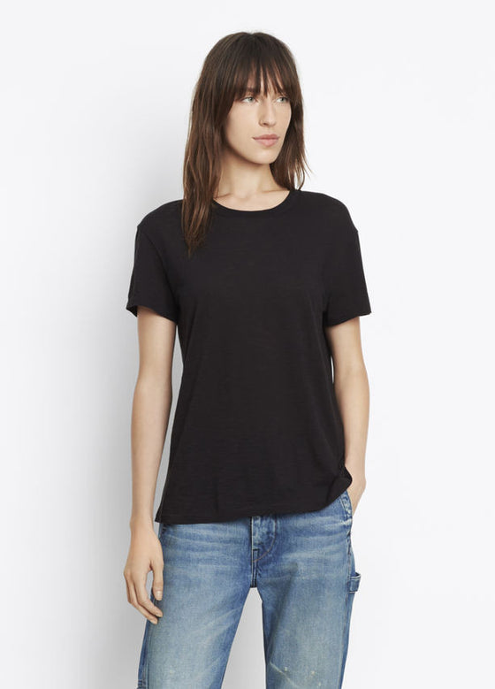 Vince Short Sleeve Swing Tee Black, Crafted in soft slub cotton with a light, slightly heathered look; crew neck tee featuring a draped swing shape. 