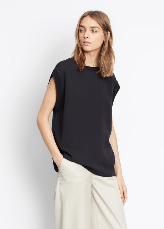 Vince Rib Trimmed Shell, Black, Washed pebbled crepe silk shell with tonal knitted rib trim at the jewel neck and drop shoulder seam in black.