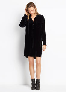  Vince velvet shirt dress in coastal blue, midi-length, found at Patricia in Southern Pines, NC