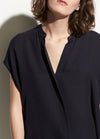 Vince coastal blue silk v-neck popover with back slit found at PATRICIA in Southern Pines and Raleigh, NC